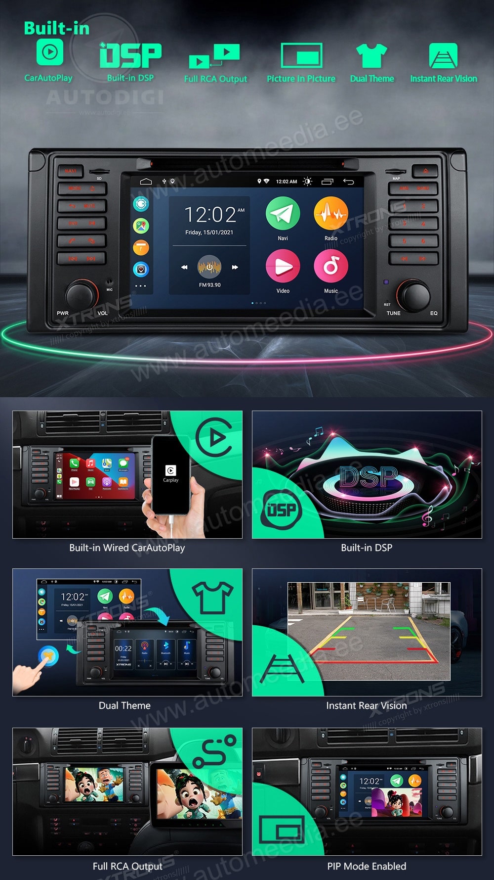 BMW 5. seeria E39 (1995-2004) XTRONS PSA7039B Car multimedia GPS player with Custom Fit Design