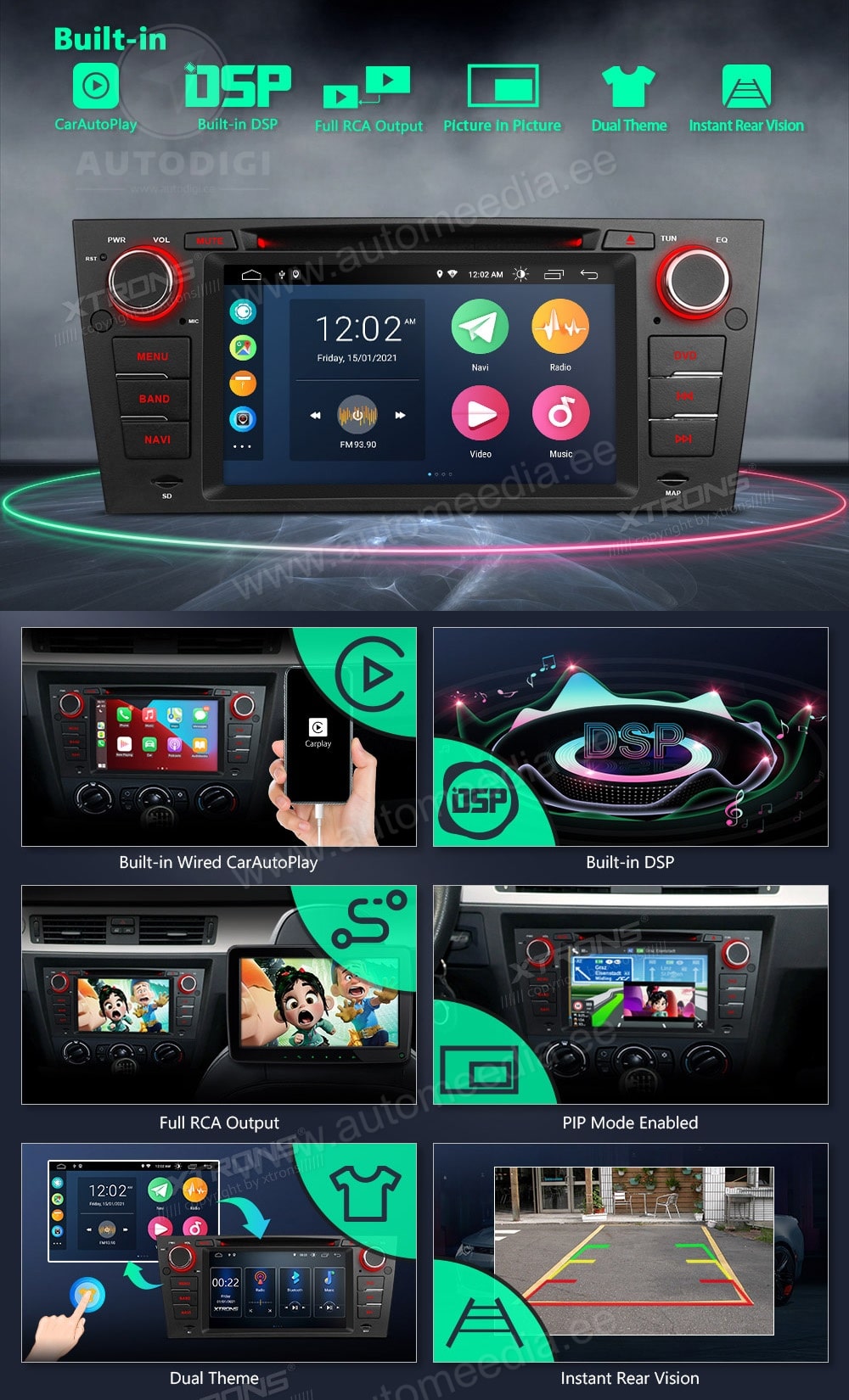 BMW 3. seeria E90 | E91 | E92 | E93 (2005-2012) ilma originaal ekraanita autole XTRONS PSA7090B merkkikohtainen Android GPS multimedia näyttösoitin