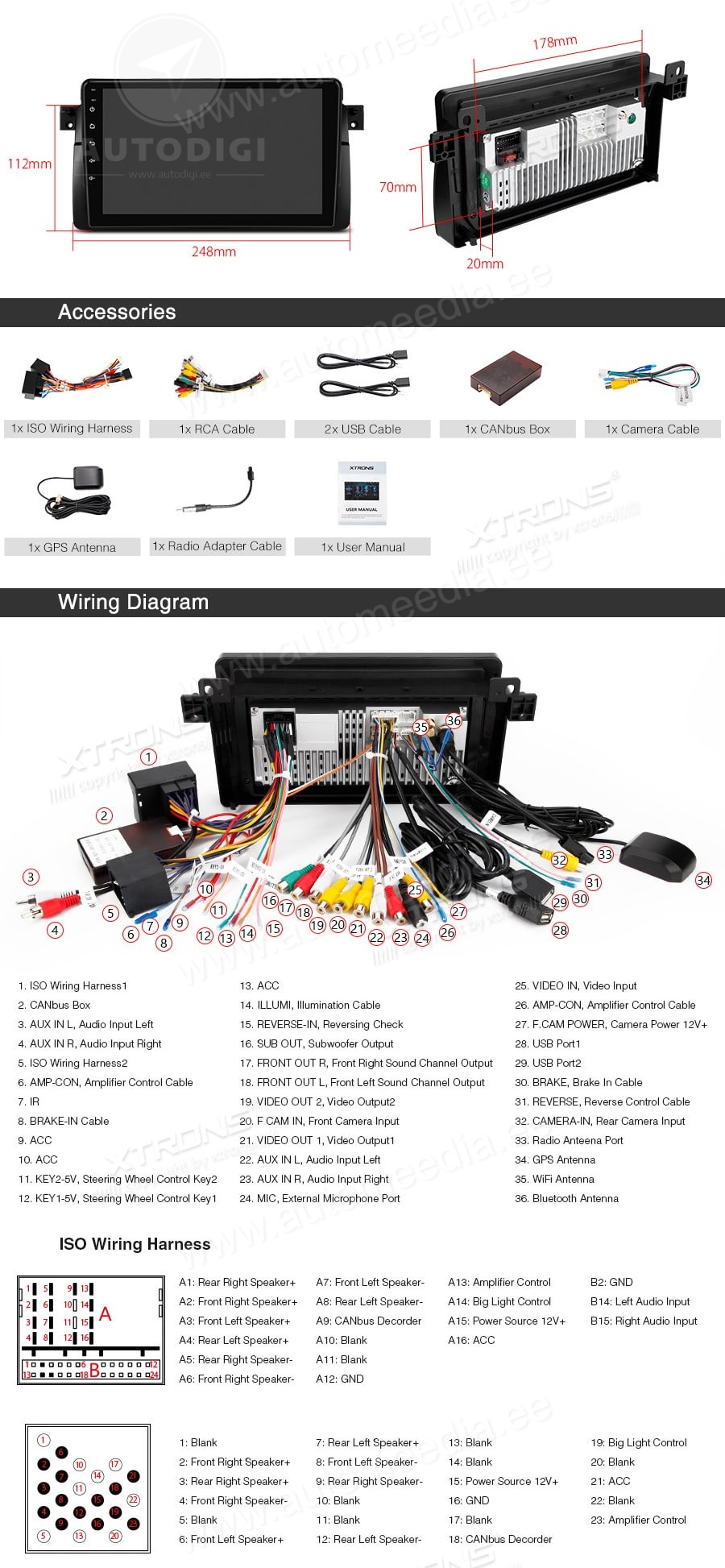 BMW 3. seeria E46 (1998-2006) XTRONS PSP9046B XTRONS PSP9046B mõõdud ühendamine ja pistikute skeem