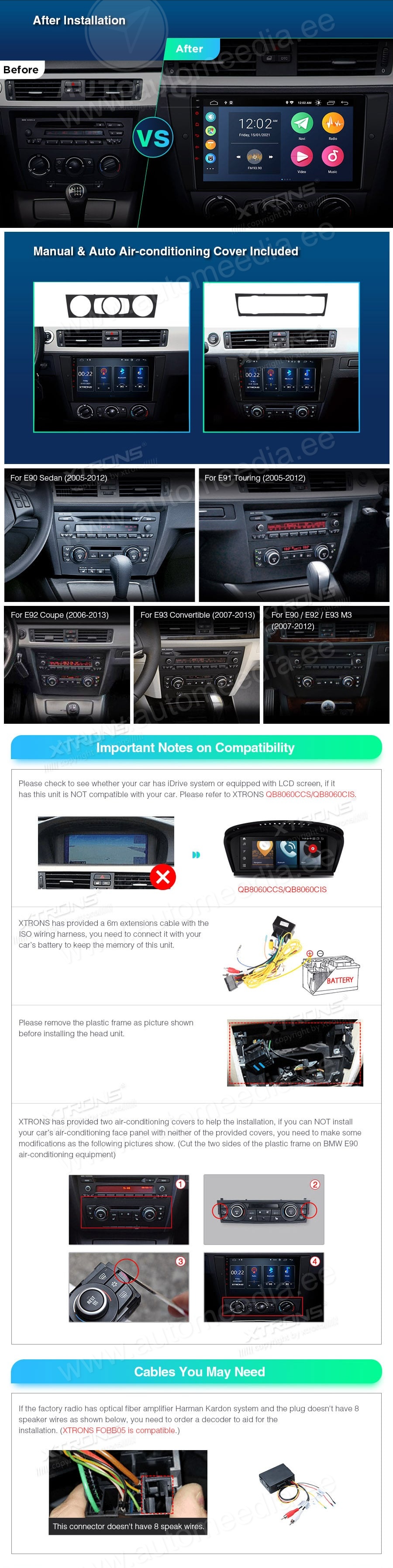 BMW 3. seeria E90 | E91 | E92 | E93 (2005-2012) ilma originaal ekraanita autole XTRONS PSP9090B XTRONS PSP9090B совместимость мультимедийного радио в зависимости от модели автомобиля