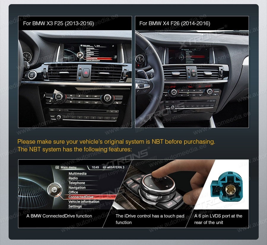 BMW X3 F25 iDrive NBT (2013-2016)  XTRONS QB80X3NBS XTRONS QB80X3NBS совместимость мультимедийного радио в зависимости от модели автомобиля