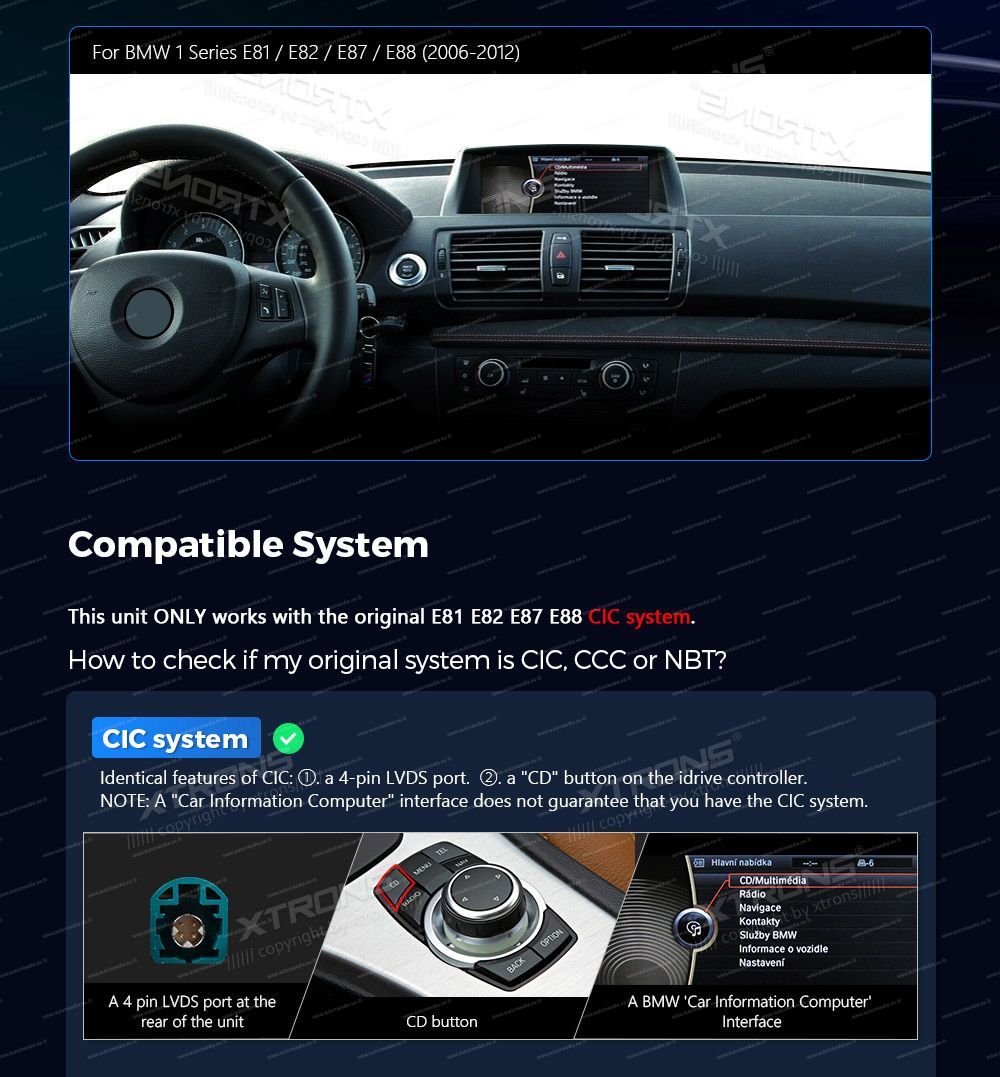 BMW 1. ser. E81 | E82 | E87 | E88 (2010-2012) iDrive CIC  совместимость мультимедийного радио в зависимости от модели автомобиля
