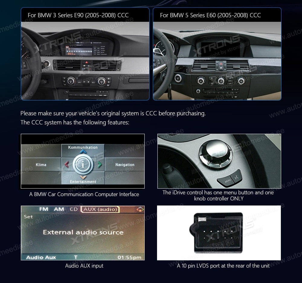 BMW 5.ser | BMW 3.ser | E60 | E61 | E90 | E92 | E93 iDrive CCC (2004-2008)  XTRONS QEB8060CC XTRONS QEB8060CC совместимость мультимедийного радио в зависимости от модели автомобиля