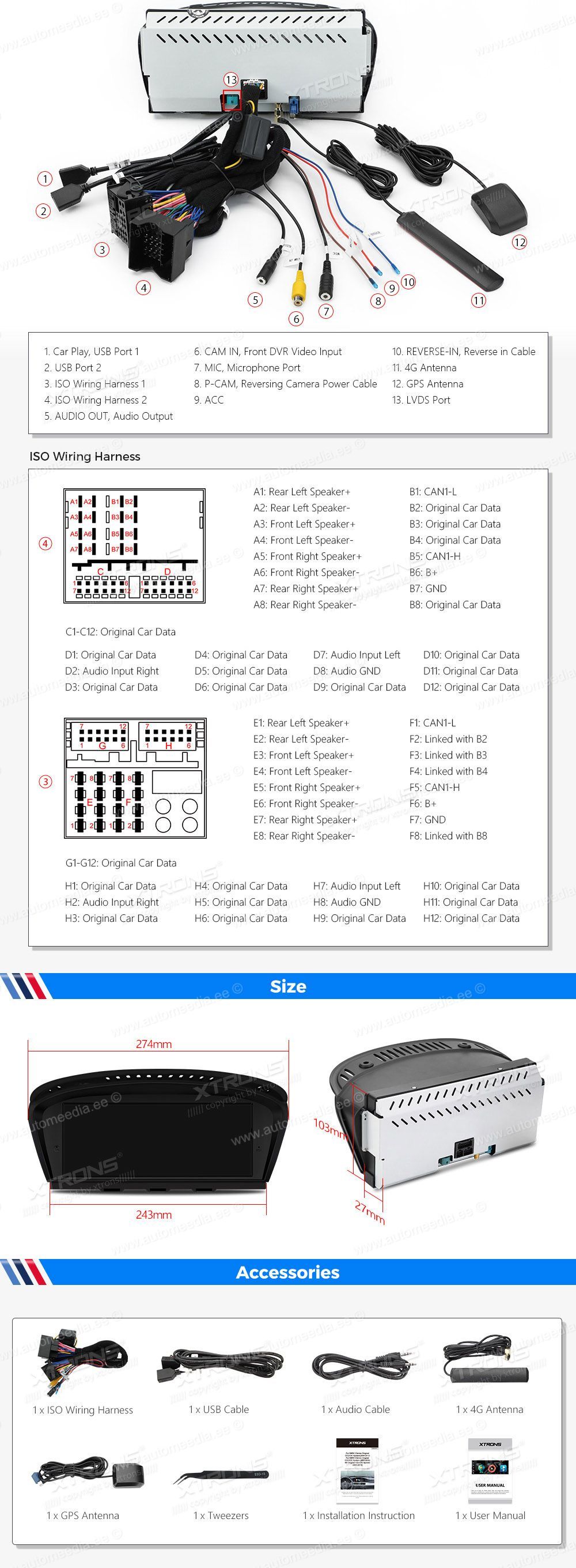 BMW 5.ser | BMW 3.ser | E60 | E61 | E90 | E92 | E93 iDrive CIC (2009-2012)  XTRONS QEB8060CI XTRONS QEB8060CI Wiring Diagram and size