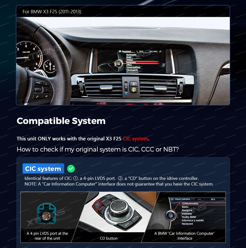 BMW X3 F25 iDrive CIC (2011-2013)  custom fit multimedia radio suitability for the car