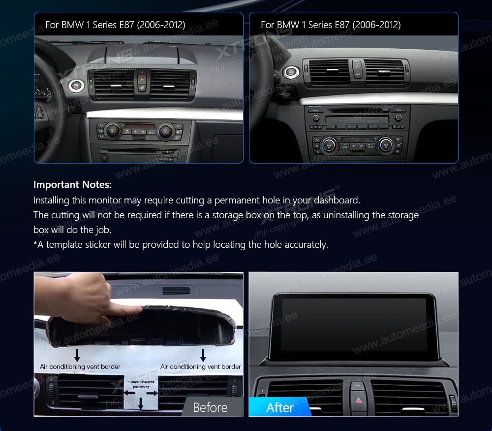 BMW 1. seeria E81 | E82 | E87 | E88 (2004-2012) ilma originaal ekraanita autole  XTRONS QFB1087UN_L XTRONS QFB1087UN_L mallikohtaisen multimediaradion soveltuvuus autoon