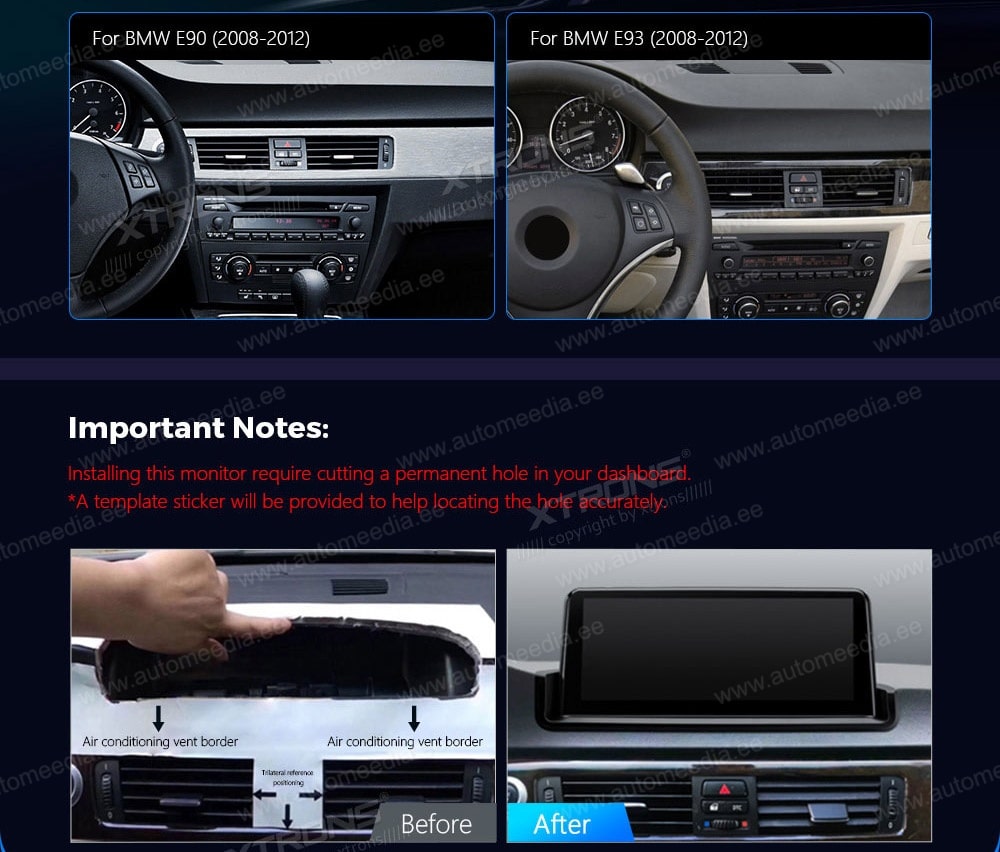 BMW 3. seeria E90 | E91 | E92 | E93 (2005-2012) ilma originaal ekraanita autole XTRONS QFB1090UN_L XTRONS QFB1090UN_L mallikohtaisen multimediaradion soveltuvuus autoon