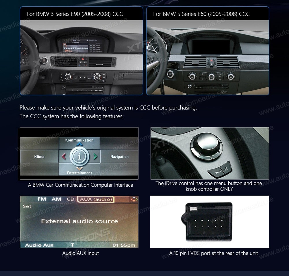 BMW 5.ser | BMW 3.ser | E60 | E61 | E90 | E92 | E93 iDrive CCC (2004-2008)  XTRONS QFB8060CC XTRONS QFB8060CC mallikohtaisen multimediaradion soveltuvuus autoon