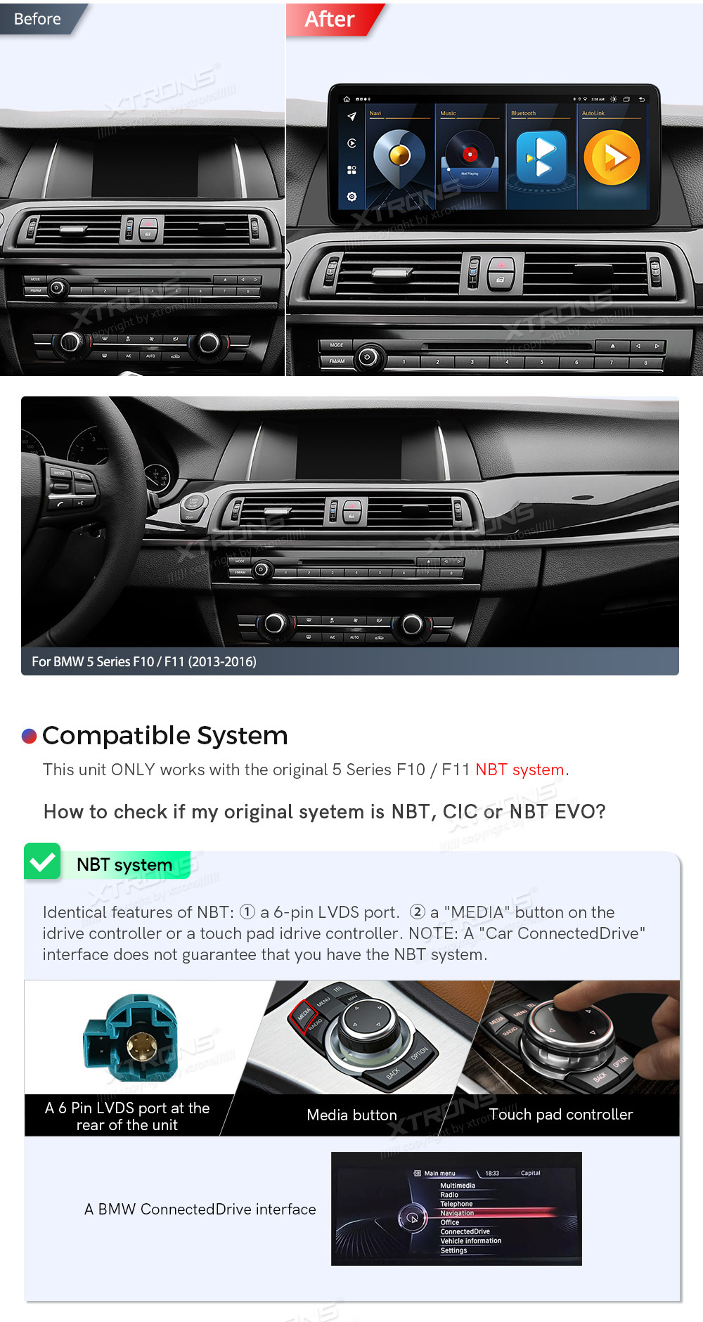 BMW 5. ser. BMW F10 | F11 iDrive NBT (2013-2016)  custom fit multimedia radio suitability for the car
