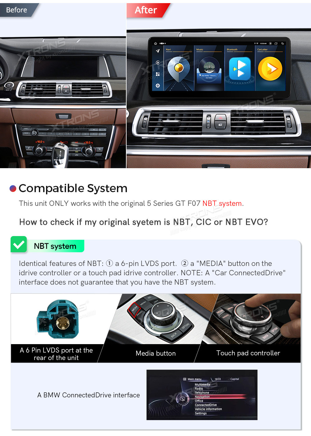BMW 5.ser F07 GT(2013 - 2017) | iDrive NBT  custom fit multimedia radio suitability for the car
