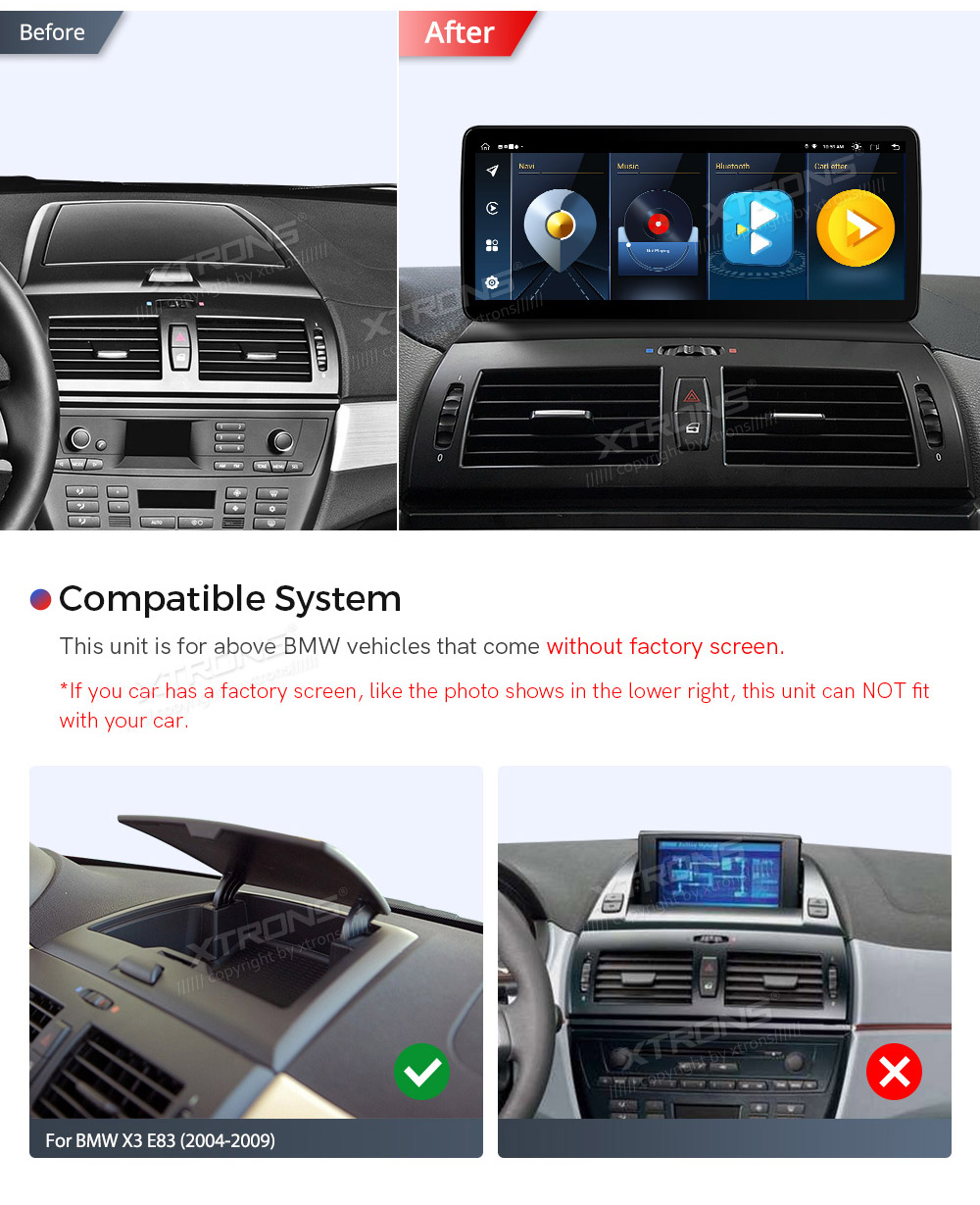 BMW X3 E83 (2004-2009) w/o orig. screen  custom fit multimedia radio suitability for the car