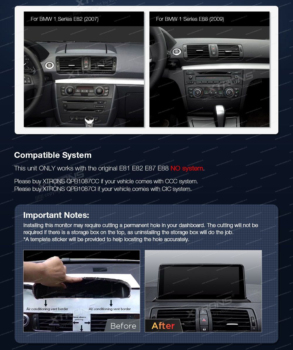 BMW 1. ser. E81 | E82 | E87 | E88 (2004-2012) w/o orig. Screen  совместимость мультимедийного радио в зависимости от модели автомобиля