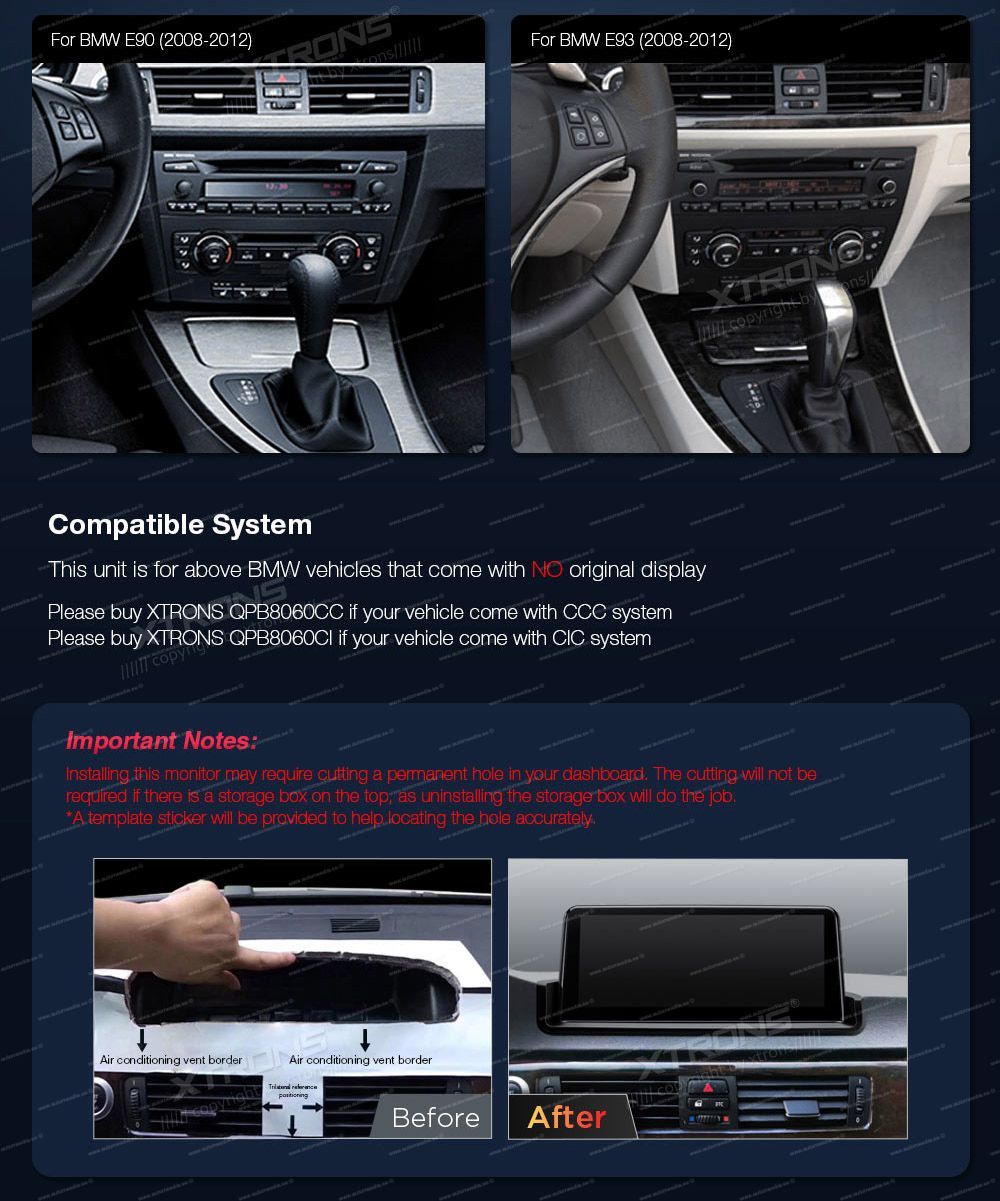 BMW 3. ser. E90 | E91 | E92 | E93 (2005-2012) w/o orig. screen  custom fit multimedia radio suitability for the car