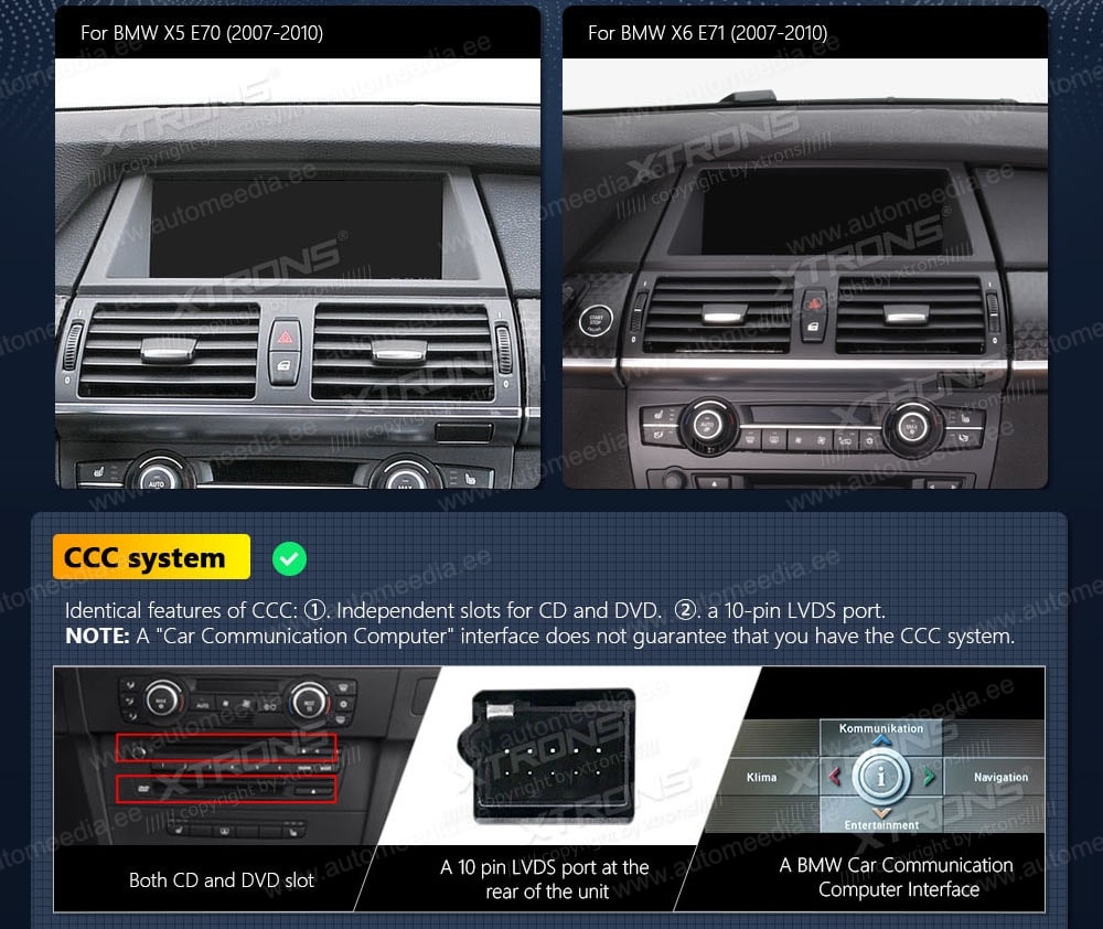 BMW X5 | X6 | E70 | E71 iDrive CCC (2007-2010)  XTRONS QSB10X5CC XTRONS QSB10X5CC совместимость мультимедийного радио в зависимости от модели автомобиля