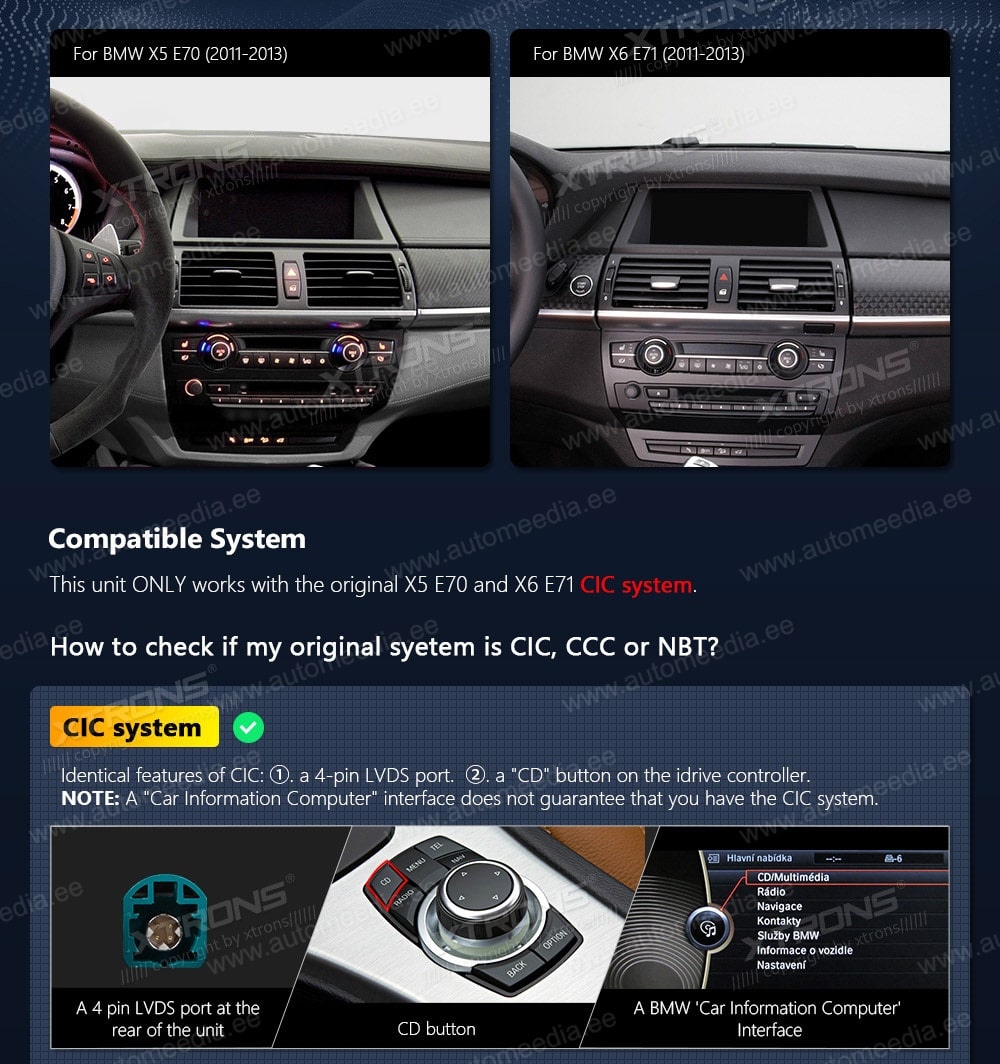BMW X5 | X6 | E70 | E71 iDrive CIC (2010-2014)  XTRONS QSB10X5CI XTRONS QSB10X5CI custom fit multimedia radio suitability for the car