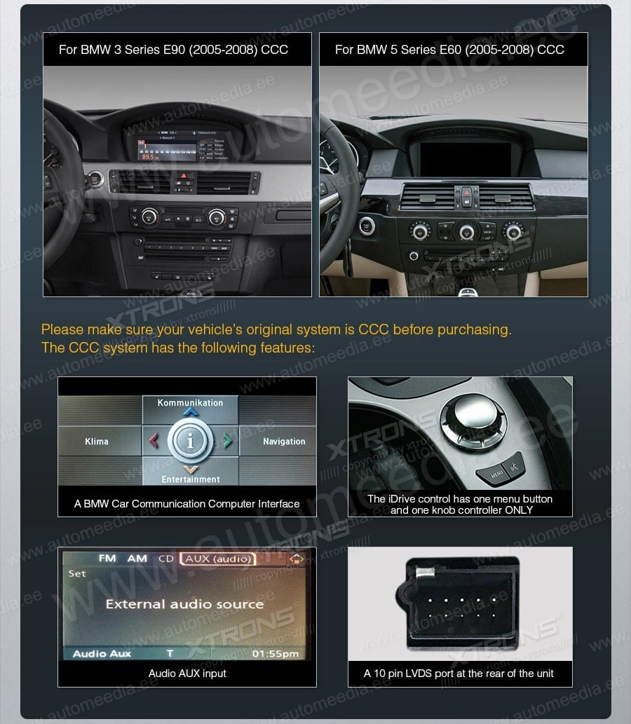 BMW 5.ser | BMW 3.ser | E60 | E61 | E90 | E92 | E93 iDrive CCC (2004-2008)  XTRONS QSB8060CC XTRONS QSB8060CC совместимость мультимедийного радио в зависимости от модели автомобиля