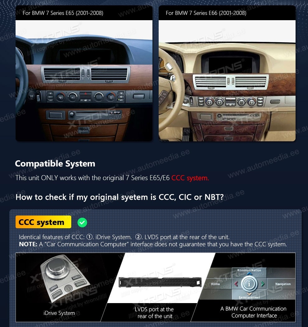 BMW 7.ser | E65 | E66 | Original CCC system (2001-2008)  XTRONS QSB8065CC XTRONS QSB8065CC mallikohtaisen multimediaradion soveltuvuus autoon