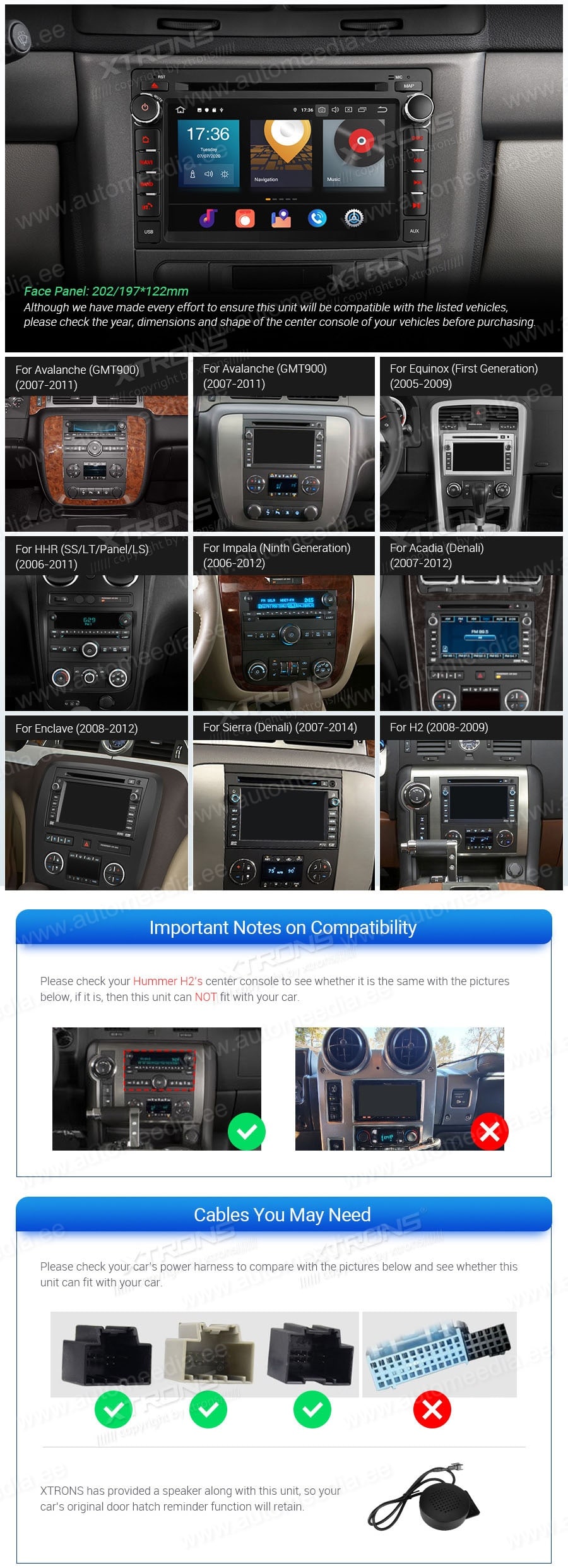 Chevrolet | Buick | GMC | HUMMER XTRONS PBX70JCC XTRONS PBX70JCC совместимость мультимедийного радио в зависимости от модели автомобиля