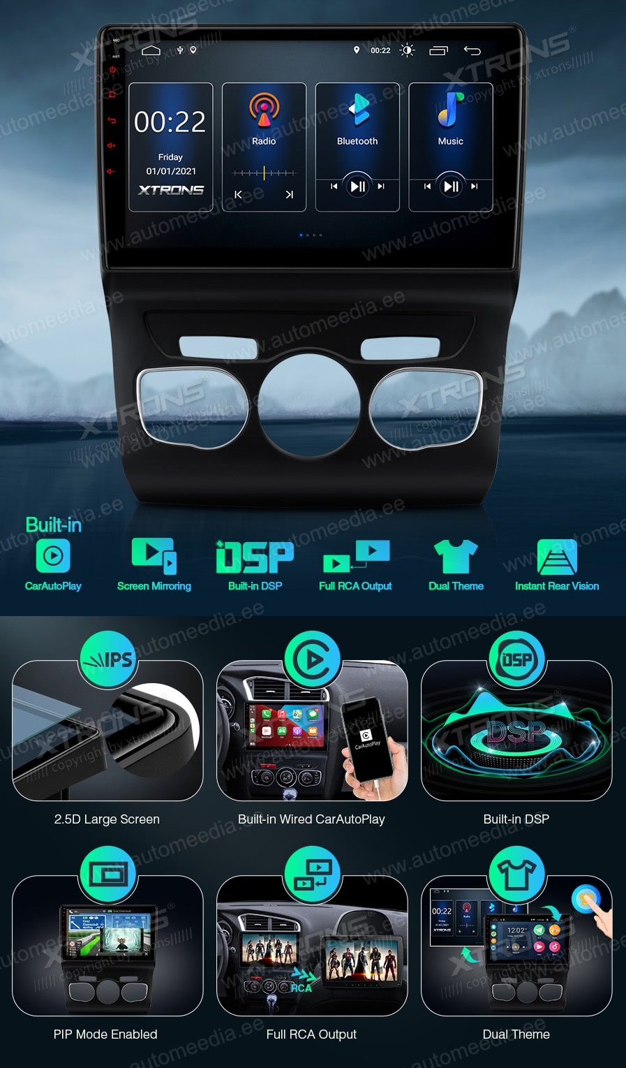 Citroen C4 (2010-2018) XTRONS PSP10C4C_L merkkikohtainen Android GPS multimedia näyttösoitin