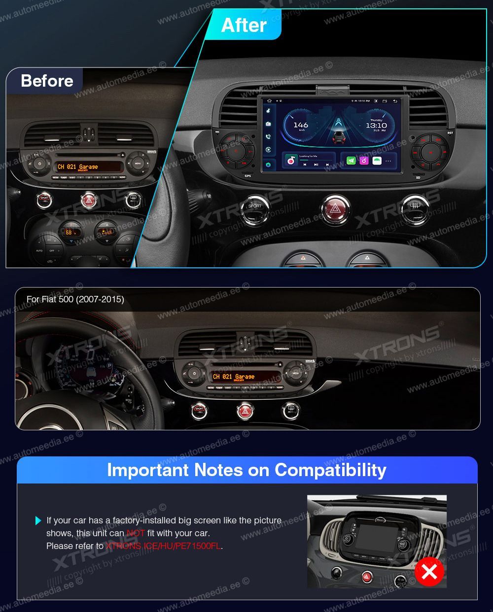 Fiat 500 (2007-2015)  совместимость мультимедийного радио в зависимости от модели автомобиля
