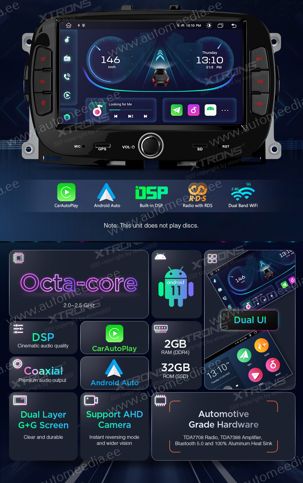 Fiat 500 (2016-2021)  XTRONS PE72500FL merkkikohtainen Android GPS multimedia näyttösoitin