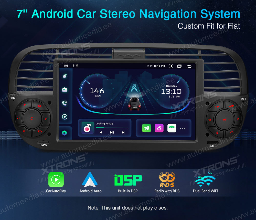 Fiat 500 (2007-2015)  XTRONS PE7250FL_B merkkikohtainen Android GPS multimedia näyttösoitin