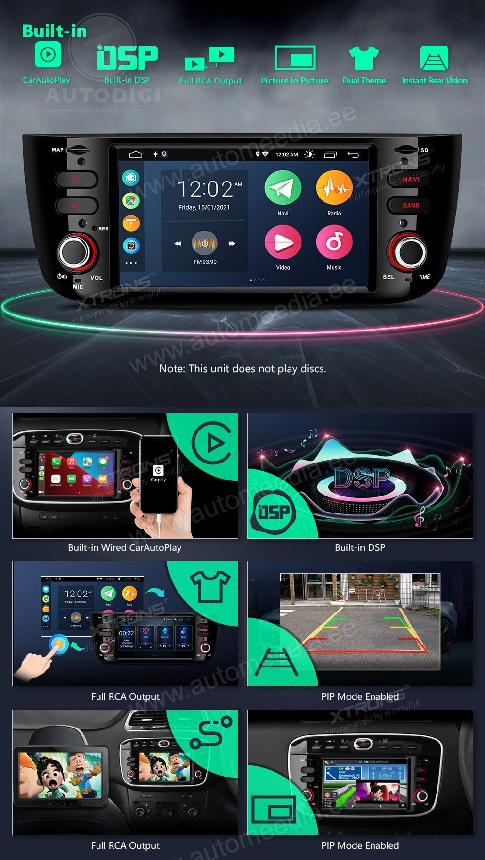 Fiat | Punto 2012-2016 | Linea 2012-2012 XTRONS PSA60GPFL merkkikohtainen Android GPS multimedia näyttösoitin