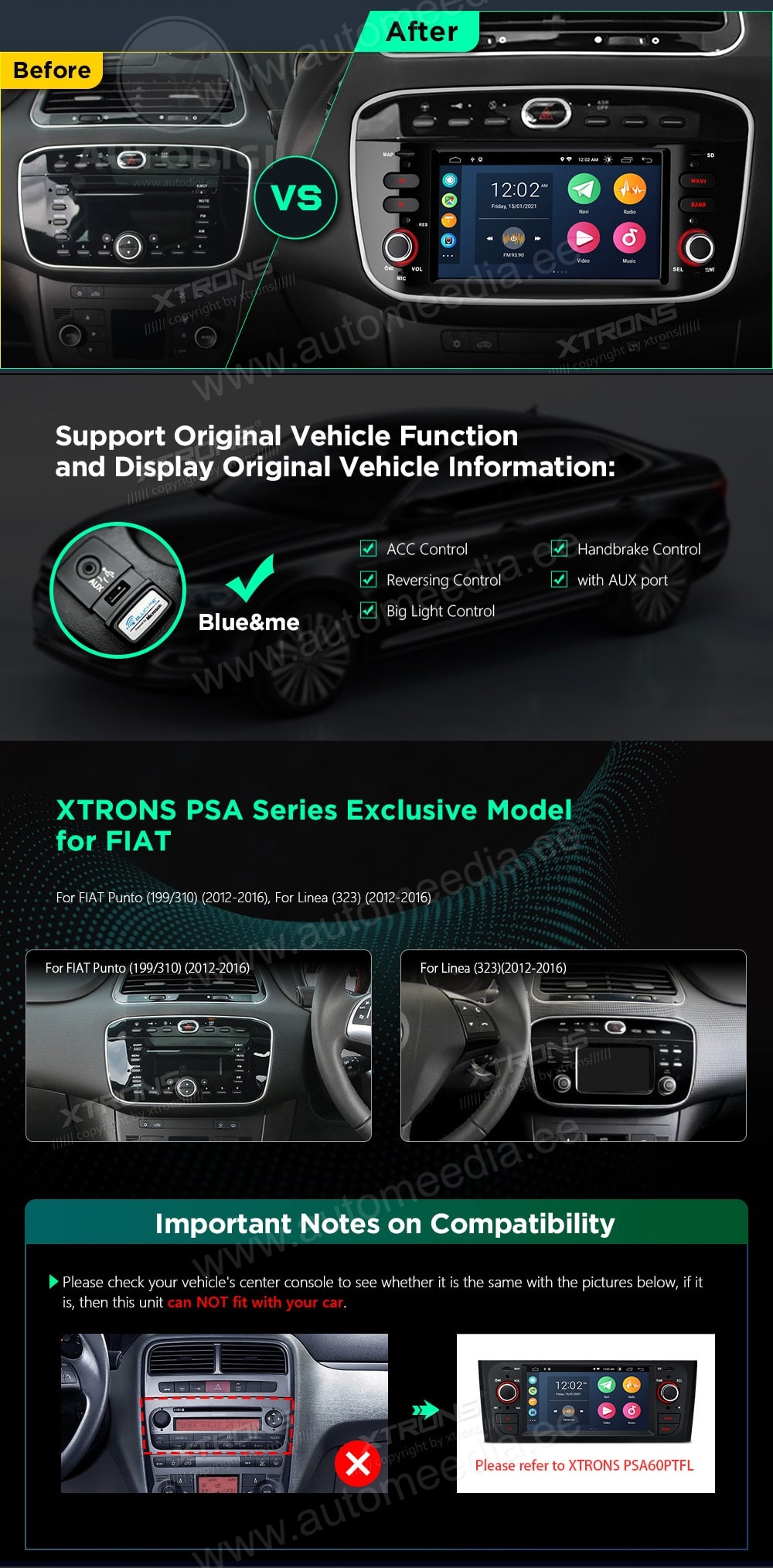 Fiat | Punto 2012-2016 | Linea 2012-2012 XTRONS PSA60GPFL XTRONS PSA60GPFL mallikohtaisen multimediaradion soveltuvuus autoon