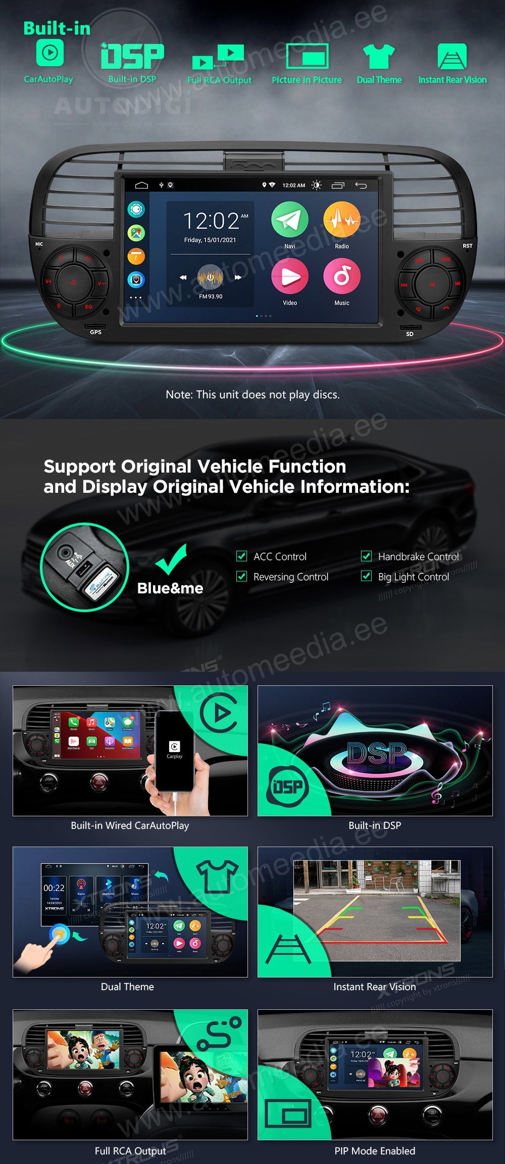 Fiat 500 (2007-2015) XTRONS PSA7050FL_B merkkikohtainen Android GPS multimedia näyttösoitin