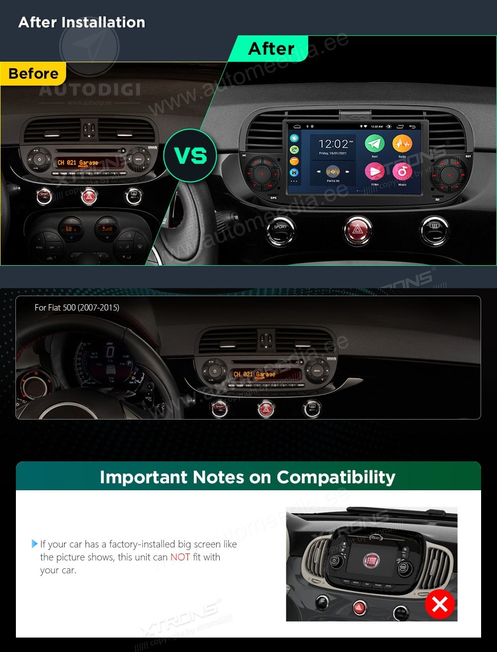 Fiat 500 (2007-2015) XTRONS PSA7050FL_B XTRONS PSA7050FL_B mallikohtaisen multimediaradion soveltuvuus autoon