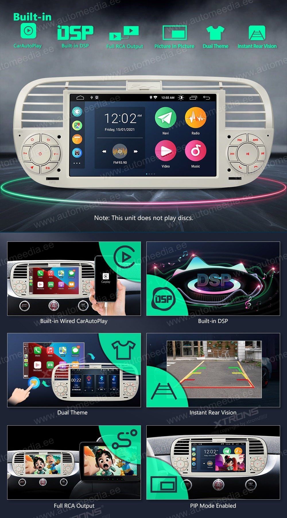 Fiat 500 (2007-2015) XTRONS PSA7050FL_C merkkikohtainen Android GPS multimedia näyttösoitin