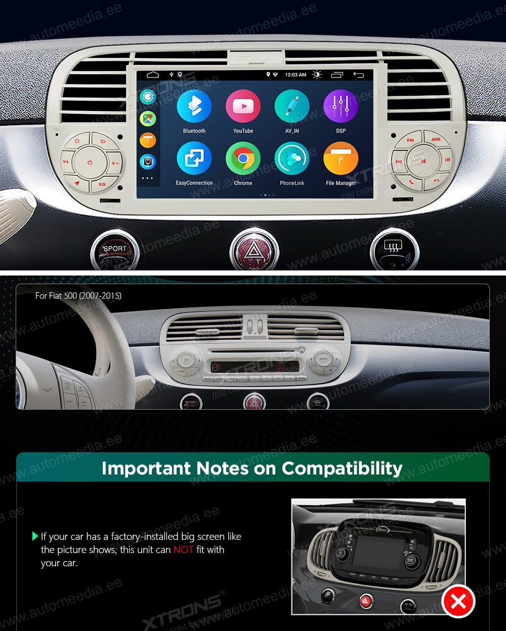 Fiat 500 (2007-2015) XTRONS PSA7050FL_C XTRONS PSA7050FL_C mallikohtaisen multimediaradion soveltuvuus autoon