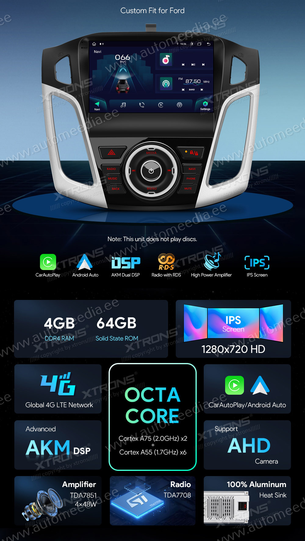 Ford Focus (2012-2017)  XTRONS IAP92FSFB merkkikohtainen Android GPS multimedia näyttösoitin