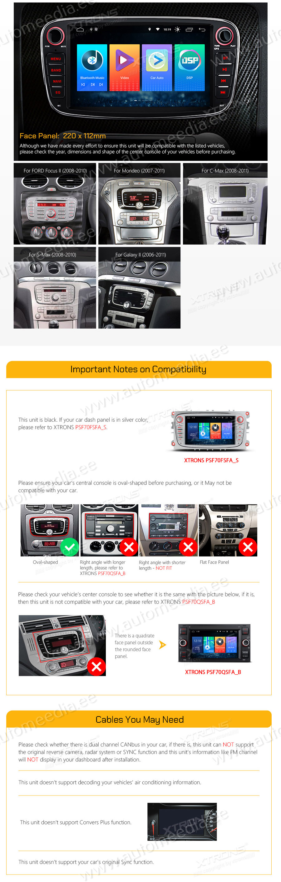 FORD MONDEO (2007-2013)/FOCUS(2008-2011)/S-MAX(2008-2011)/GALAXY(2011-2012)  совместимость мультимедийного радио в зависимости от модели автомобиля