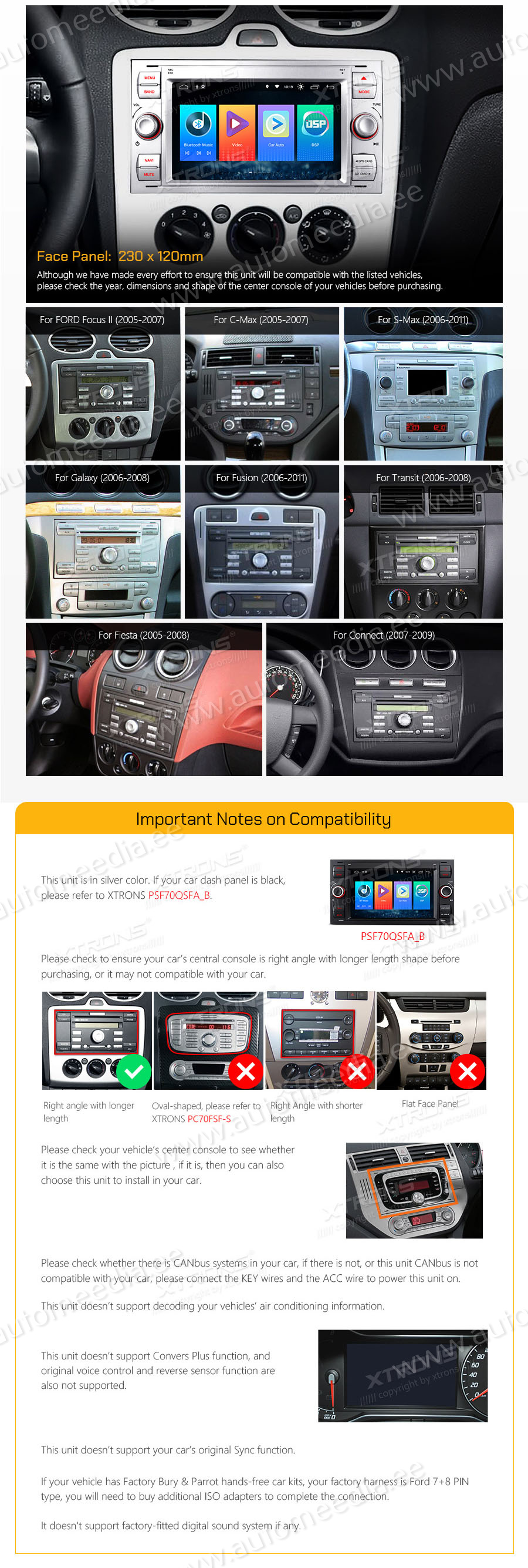 Ford C-Max | S-Max | Galaxy | Focus | Transit (2005-2011)  совместимость мультимедийного радио в зависимости от модели автомобиля