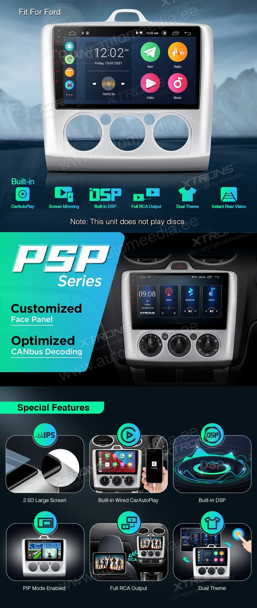 Ford Focus II (2007-2011) XTRONS PSP90F2F Mudelikohane android multimeediakeskus gps naviraadio