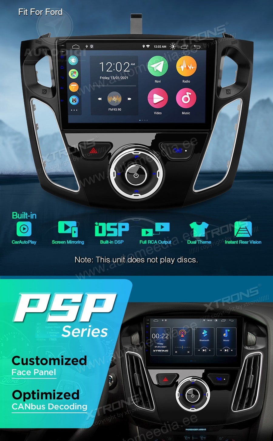 Ford Focus (2012-2017) XTRONS PSP90FSF merkkikohtainen Android GPS multimedia näyttösoitin