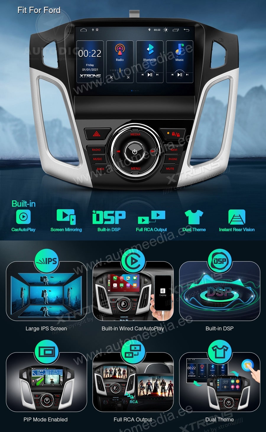 Ford Focus (2012-2017) XTRONS PSP90FSFB merkkikohtainen Android GPS multimedia näyttösoitin