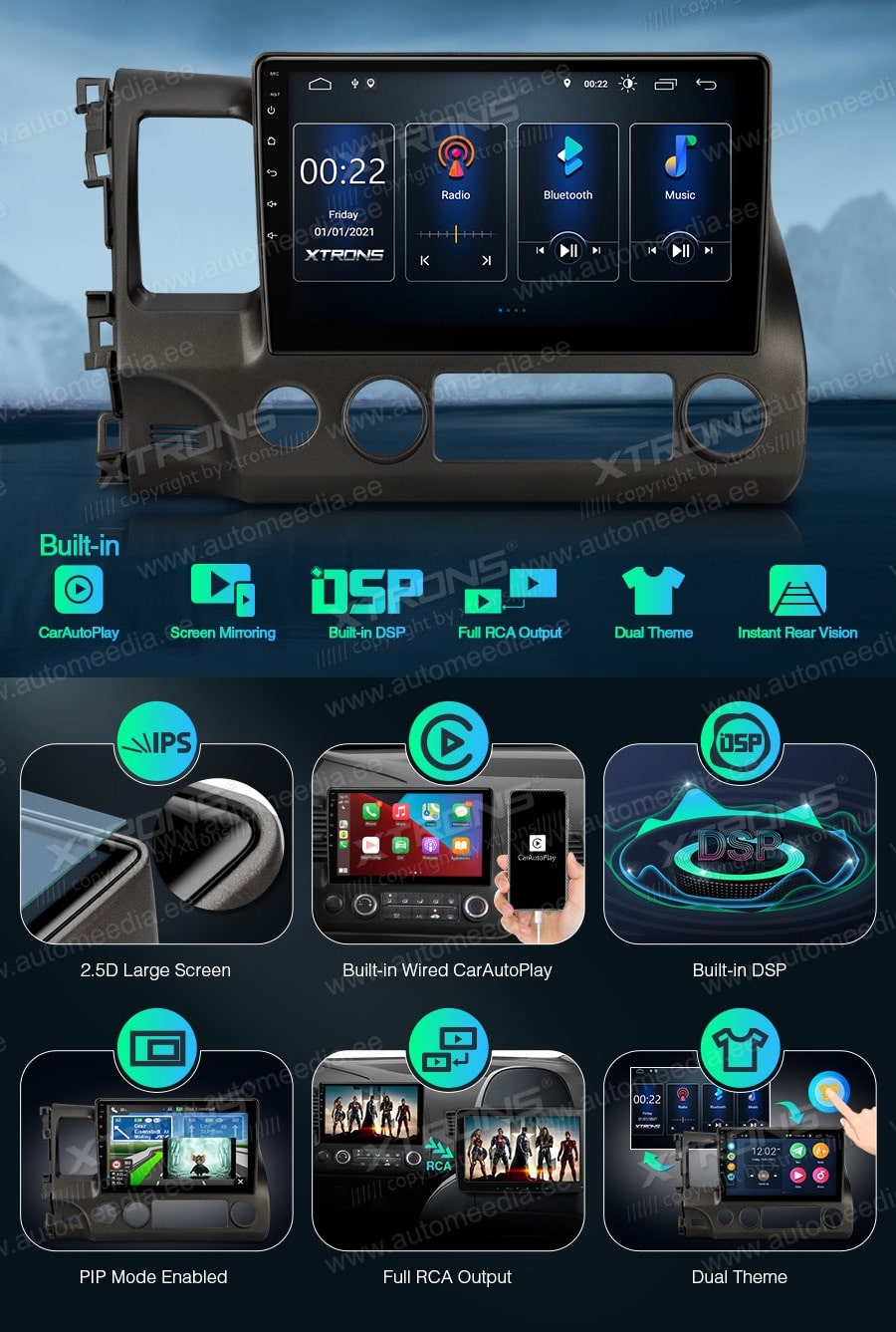 Honda Civic (2006-2011) XTRONS PSP10CVH_L Car multimedia GPS player with Custom Fit Design