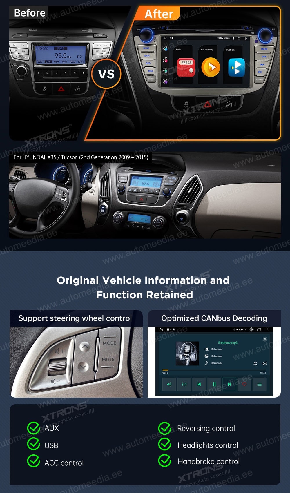 Hyundai IX35 | Tucson II (2009-2015) XTRONS MA7035H XTRONS MA7035H совместимость мультимедийного радио в зависимости от модели автомобиля