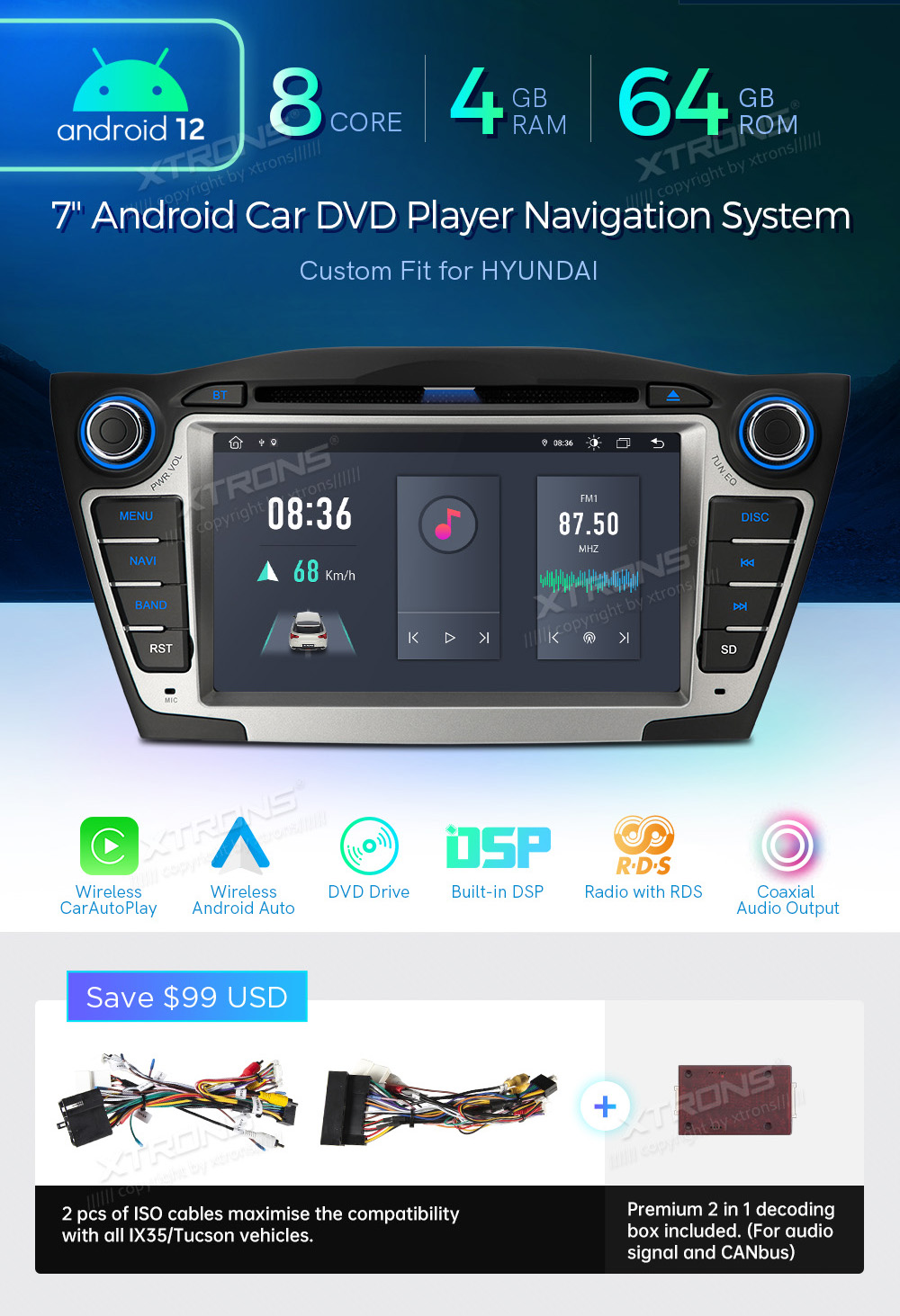 HYUNDAI ix35 (2009-2015)  XTRONS PEX7235H Car multimedia GPS player with Custom Fit Design