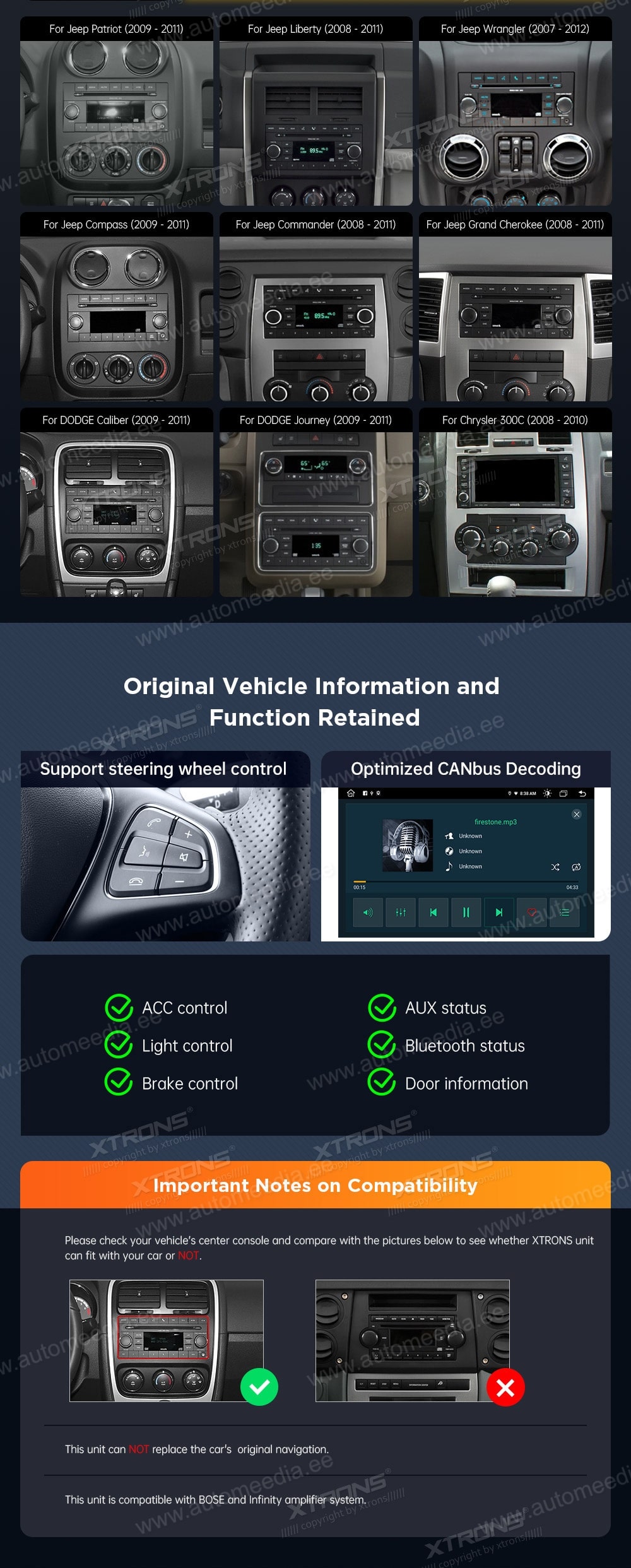 Jeep | Dodge | Chrysler | Grand Cherokee | Compass | Pateiot | 300C  XTRONS MA70WRJL XTRONS MA70WRJL совместимость мультимедийного радио в зависимости от модели автомобиля