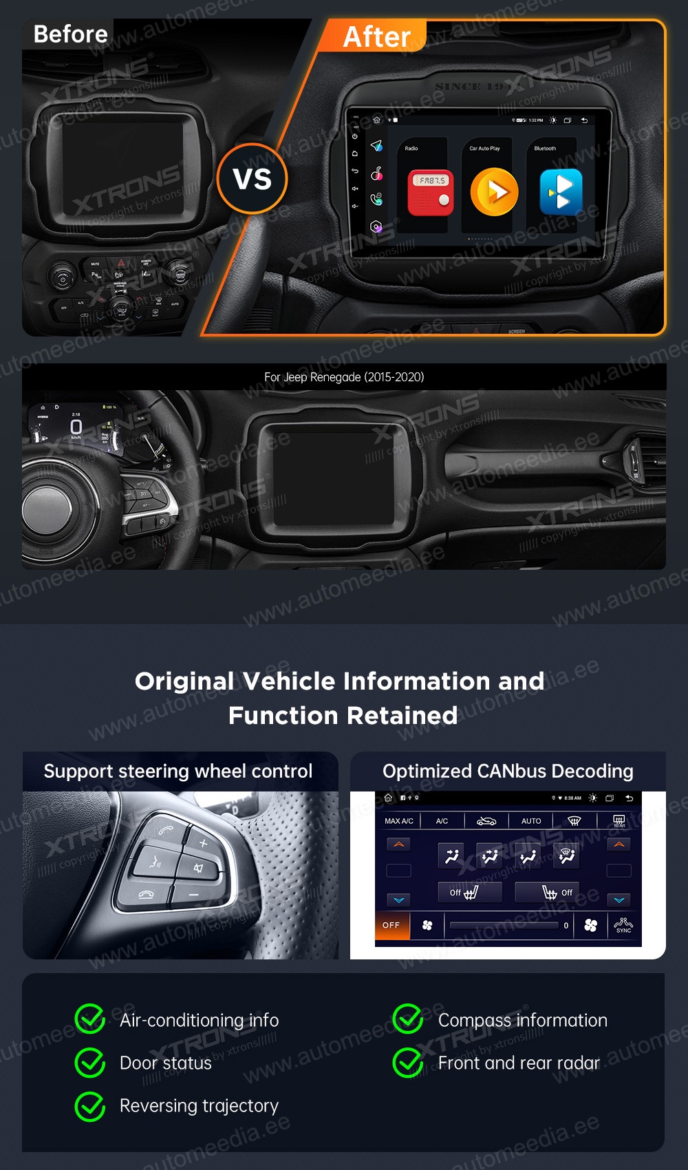 Jeep Renegade (2015-2020) XTRONS PMA90RGJ XTRONS PMA90RGJ mallikohtaisen multimediaradion soveltuvuus autoon