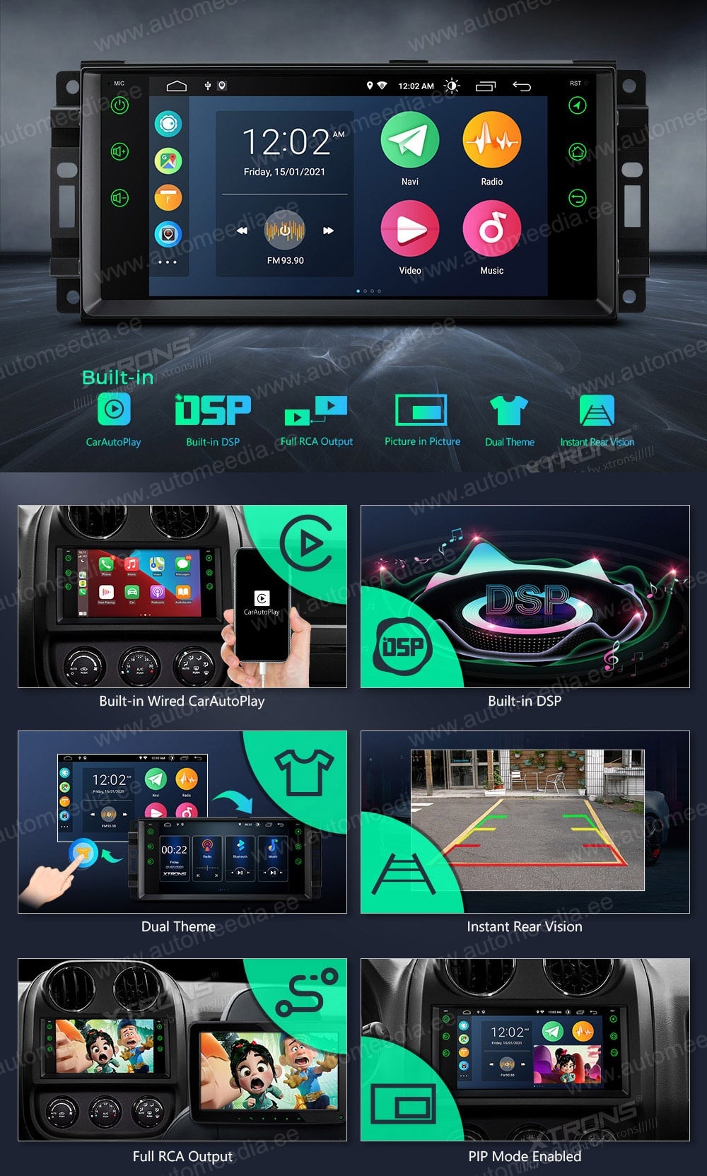 Jeep | Dodge | Chrysler | Grand Cherokee | Compass | Patriot | 300C XTRONS PSA70WRJL merkkikohtainen Android GPS multimedia näyttösoitin