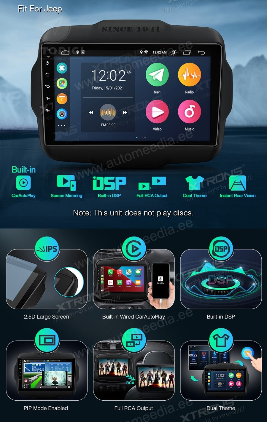 Jeep Renegade (2015-2020) XTRONS PSP90RGJ Mudelikohane android multimeediakeskus gps naviraadio