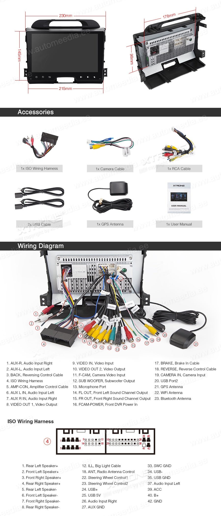Kia Sportage (2010-2015) XTRONS PSP90SPK XTRONS PSP90SPK Wiring Diagram and size