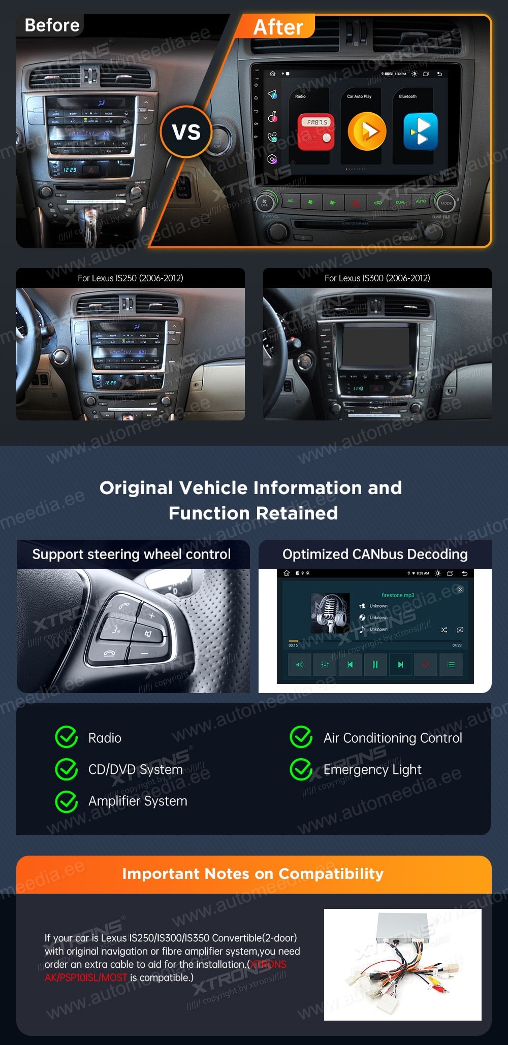 Lexus IS200 | IS300 | IS350 (2006-2012) XTRONS PMA10ISL XTRONS PMA10ISL custom fit multimedia radio suitability for the car