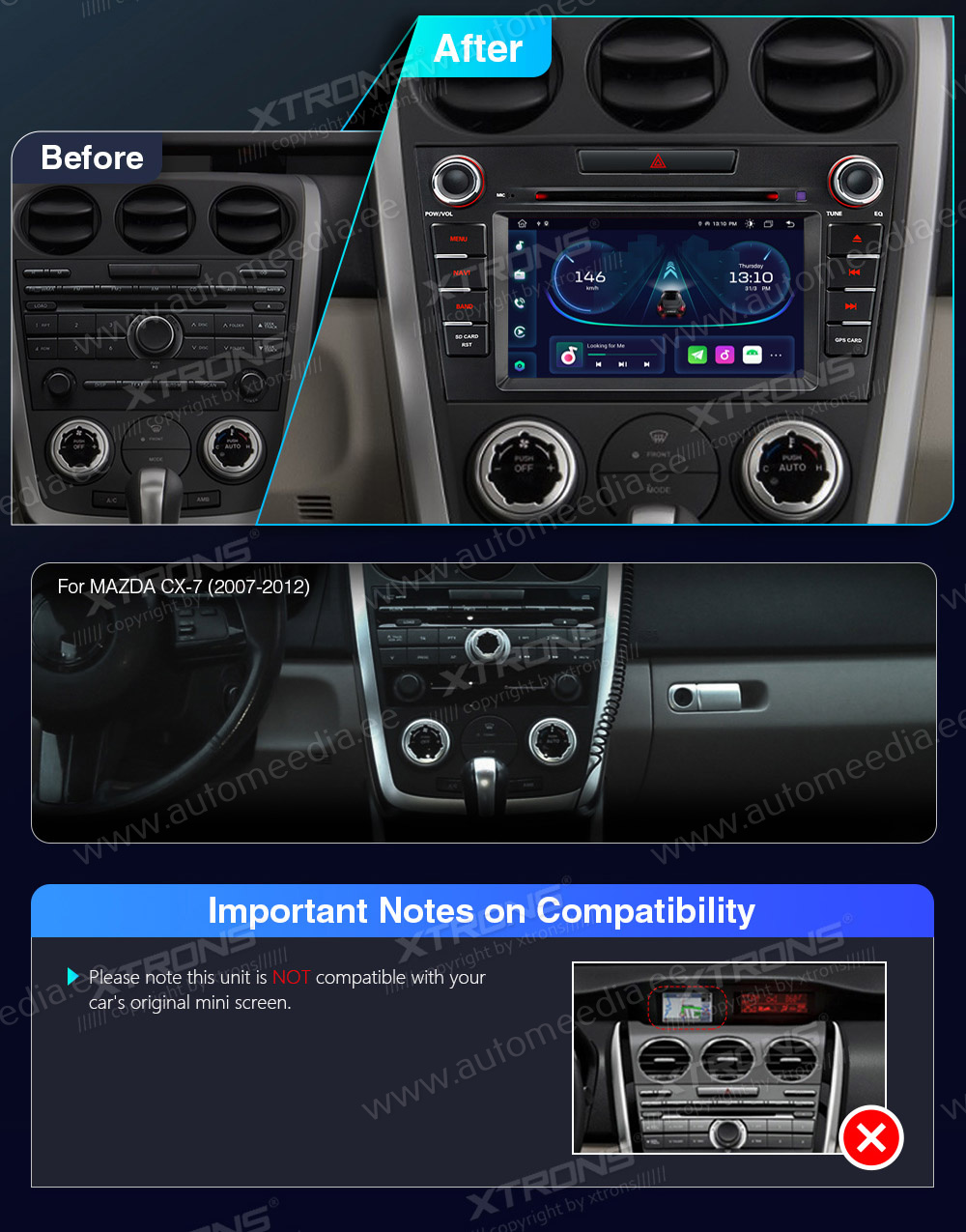 XTRONS Mazda  mallikohtaisen multimediaradion soveltuvuus autoon