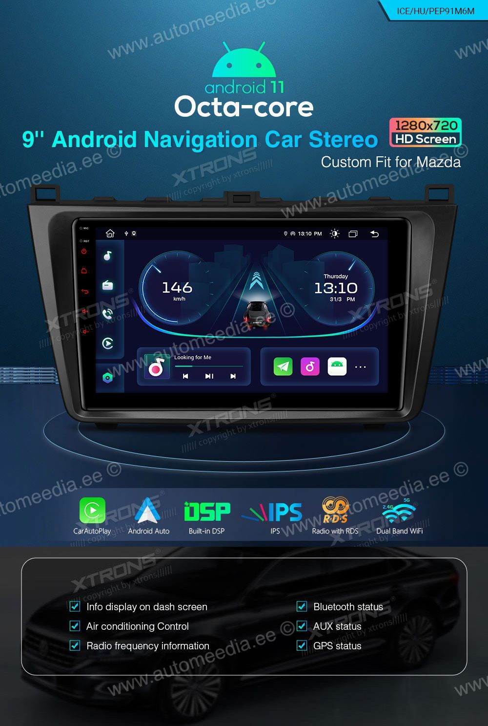Mazda 6 (2008-2012)  XTRONS PEP91M6M Car multimedia GPS player with Custom Fit Design