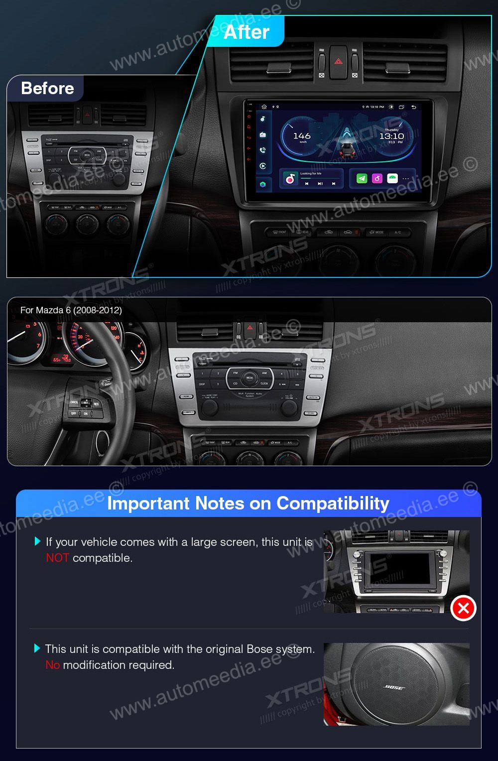 Mazda 6 (2008-2012)  совместимость мультимедийного радио в зависимости от модели автомобиля
